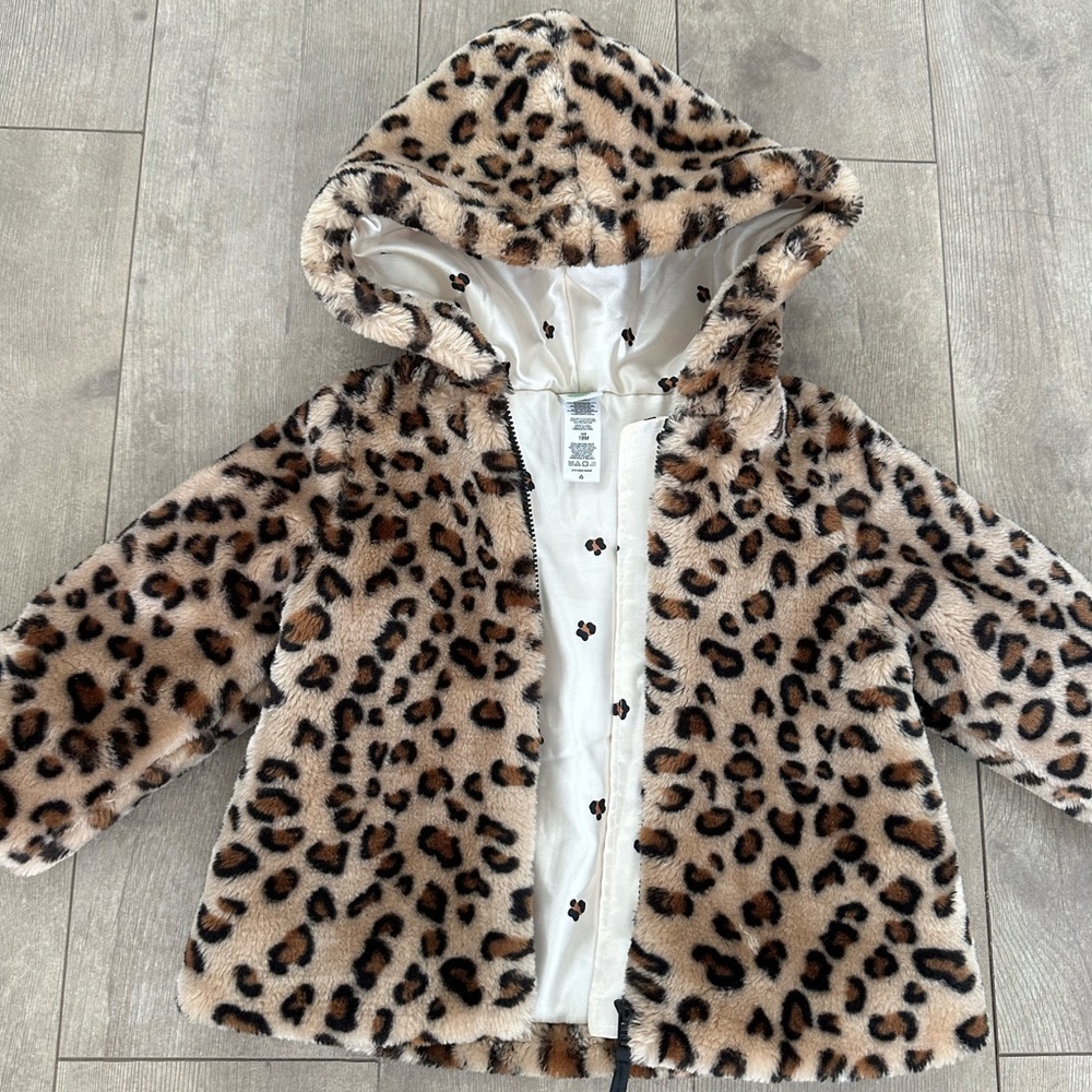 New Little Me Leopard Print Faux Fur Jacket Hoodie Coat Warm Baby Girl Size 18 M - Picture 4 of 16